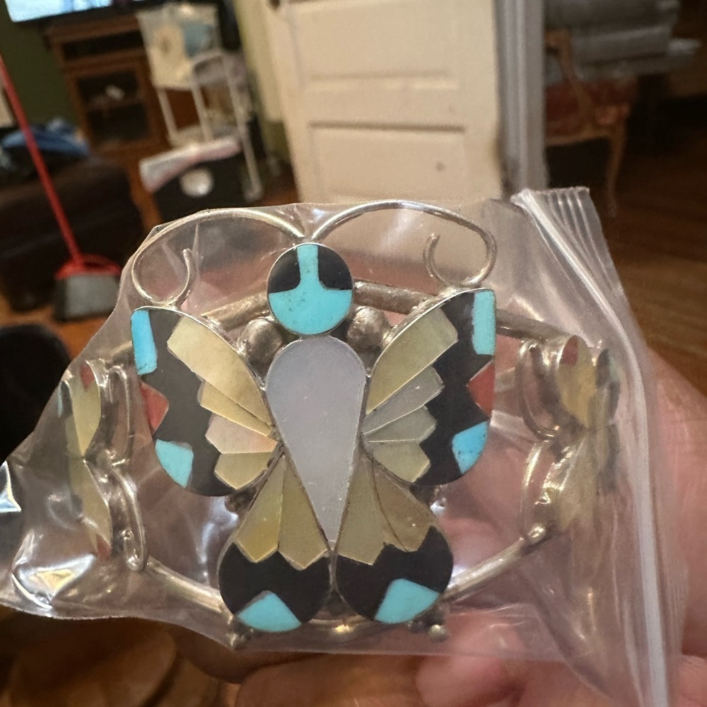 Zuni Handmade Sterling Silver Butterfly Cuff Bracelet Multicolor 7" - Picture 6 of 7